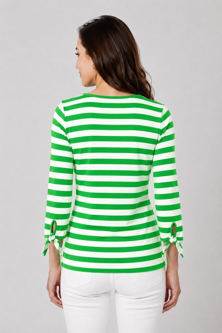 Chadwicks of Boston Green White Stripe Blouse womens Top 3/4 Tie Cuff Sleeve L